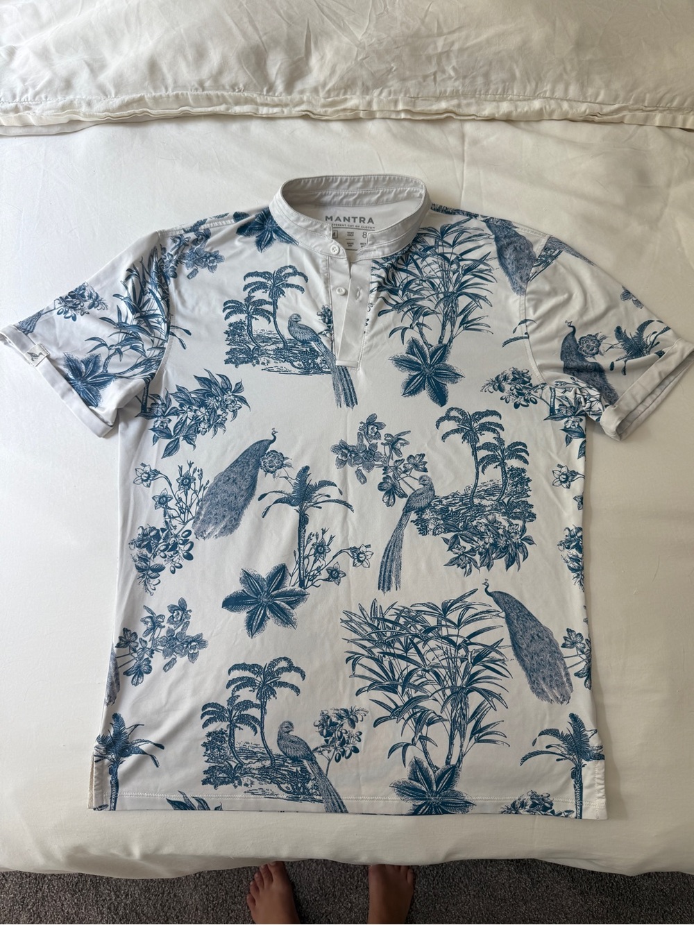 MANTRA Men's White Polo Shirt with Blue Tropical Print
